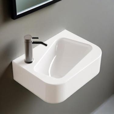 Imagem de Suporte de parede para pia pequena, pia de banheiro retangular de 35,5 x 25,4 cm, retangular pequeno e moderno flutuante, pia de vaso de cerâmica branca, economiza espaço, mão esquerda