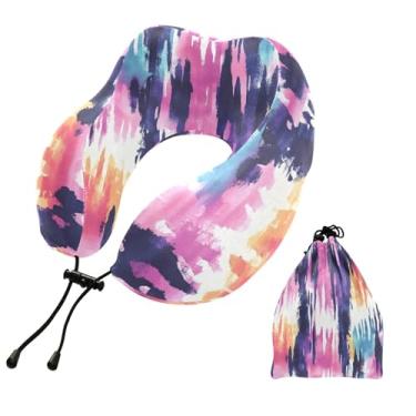 Imagem de CEBUGI Travesseiros de viagem portáteis em forma de U, travesseiro de pescoço de espuma viscoelástica com trava de corda ajustável para avião, viagem, trem, negócios, escritório, soneca (colorido