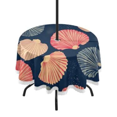 Imagem de CEBUGI Toalha de mesa redonda para uso externo com padrão de concha impermeável com orifício Umberlla, capa de mesa lavável para pátio, cozinha, sala de jantar 152 cm