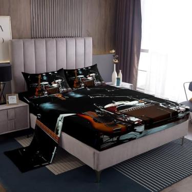 Imagem de Castle Fairy Jogo de lençol casal retrô de tambor, 4 peças, com tema de música pop, para decoração de quarto, com 1 lençol de cima e 2 fronhas