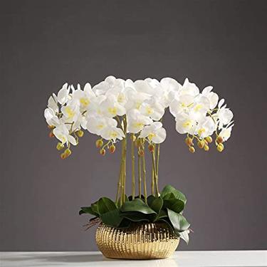 Imagem de LMJYU Conjunto de flores artificiais, arranjo de flores artificiais de orquídea borboleta com vaso dourado, flores de toque real de poliuretano falso Phalaenopsis bonsai para festa de casamento em
