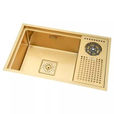 Imagem de PVXMQFFA Pia de aço inoxidável ouro 304 escada de aço inoxidável tanque único com lavador de copos barra de ilha central pia pequena cozinha sob a bacia do balcão (cor: ouro, tamanho: 68 * 43 * 21 cm)