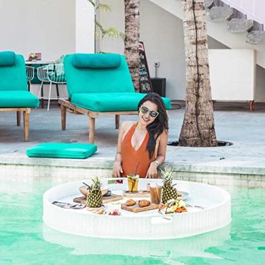 Imagem de Bandejas de servir flutuantes redondas - barra flutuante de vime de vime de vime de vime para piscina - Bandeja de café da manhã para fornecedor de hotel