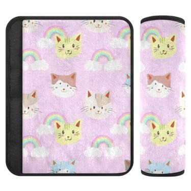 Imagem de Burbuja Capa para cinto de segurança de carro arco-íris pastel com cara de gato protetor de cinto de segurança de carro macio confortável para alça de ombro de assento, 1 par médio