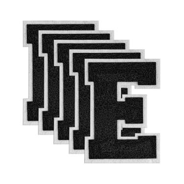 Imagem de GBTBYS 5 peças de adesivos de letras universitárias de 11,4 cm preto chenille ferro em letras patch para mochilas, aplique bordado, jaqueta com capuz, bolsas de Natal, festa de aniversário E