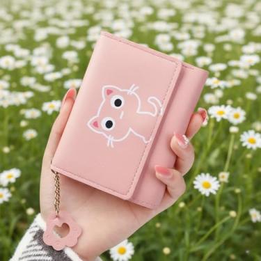 Imagem de Carteira feminina de couro sintético com três dobras, porta-cartões compacta, com janela para identidade, estampa de gato, leve, elegante, rosa, Clássico