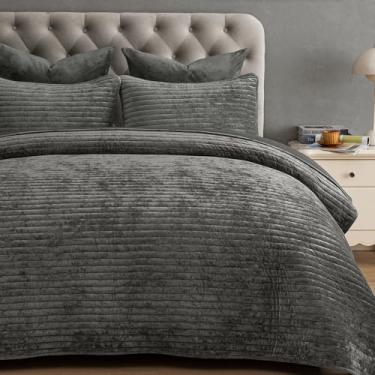Imagem de PHF Conjunto de colcha de veludo luxuoso tamanho Queen – 3 peças ultramacias com canal listrado, colcha acolchoada aconchegante, presente de herança, 1 cobertor com 2 fronhas combinando, 228 cm x 233