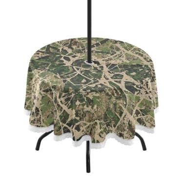 Imagem de Qilmy Toalha de mesa redonda à prova d'água abstrata de caça camuflada de 152 cm com orifício para guarda-chuva e zíper – uso externo / interno resistente para pátio, churrascos, piqueniques, festas