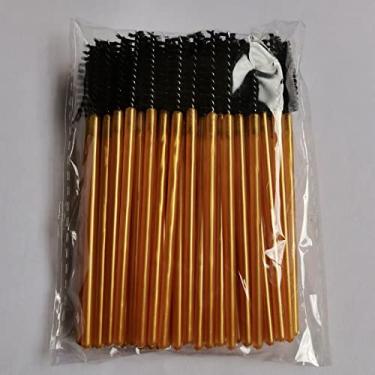 Imagem de ZJchao Conjunto de Escova de Cílios 50 Pçs Descartável Mini Espiral Flexível Extensão Pincéis de Maquiagem para Cílios e Sobrancelha Estilo Fibra Artificial (Cabeça de escova preta varinha dourada)