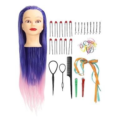 Imagem de CUOFYUNL Manequim de cabelo longo de fibra sintética azul rosa gradiente portátil manequim de cosmetologia