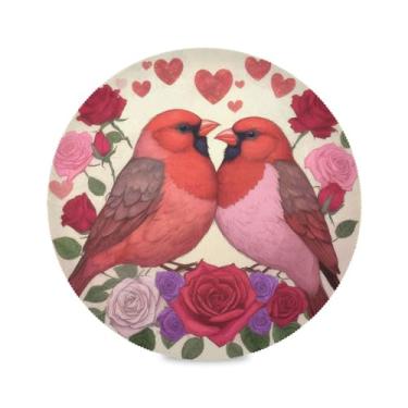Imagem de JUZIHAI Jogo americano de pássaros vermelhos para o dia dos namorados, conjunto de 6 tapetes redondos de 38 cm, laváveis e antiderrapantes resistentes ao calor, para decoração de cozinha, festas de