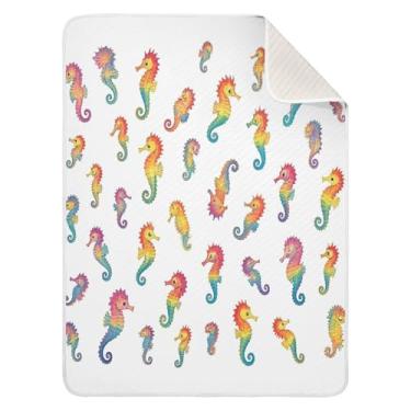 Imagem de Qilmy Cobertor de bebê Rainbow Seahorses 76 x 101 cm, cobertor infantil de algodão macio para meninos e meninas, cobertor infantil leve e quente para berço, carrinho de bebê, soneca, recém-nascido