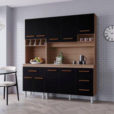 Imagem de Kit Zínia Com Paneleiro 9 Portas 4 Gavetas Cozinha Mb1 180cm Cor Savana Preto