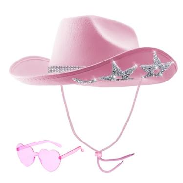 Imagem de JICASTO Chapéus de cowboy com 6 lantejoulas estrelas e cinto de tiara para mulheres, chapéus de festa de rodeio com óculos de sol em forma de coração (rosa claro)