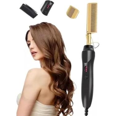 Imagem de 2 em 1 Pente Térmico Alisador de Cabelo e Barba, Preto e Dourado, Cerâmico, Portátil, 35W, Temperatura Ajustável até 220°C, Cabo Giratório 360°