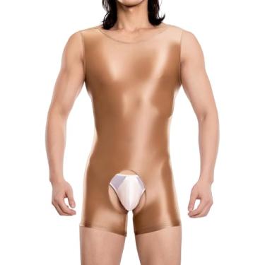 Imagem de SEAUR Body masculino brilhante Unitard sem mangas brilhante roupa íntima cosplay fantasia macacão roupa de boate, Marrom, M