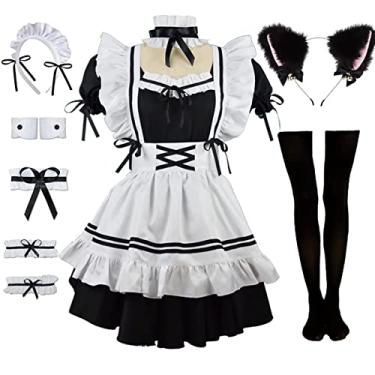 Imagem de KEWORUIT Conjunto de fantasia de cosplay de anime com avental de Lolita fofo (preto, médio)