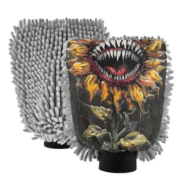 Imagem de ODAWA Pacote com 2 luvas de lavagem de carro escuras de girassol horror, espuma de chenille, sem arranhões, canhão, luva para lavagem de carro 18 x 26 cm