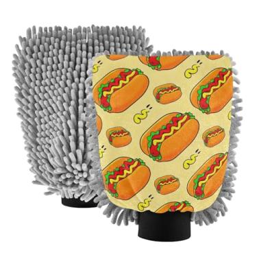 Imagem de ODAWA Pacote com 2 luvas de microfibra para lavagem de carro de cachorro-quente de desenho animado, luvas de lavagem de carro para canhão de espuma 20,5 cm x 30 cm