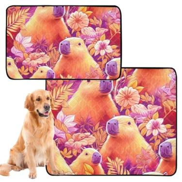 Imagem de Capivaras fofas de desenhos animados florais laváveis para cães de estimação, almofadas reutilizáveis para xixi, à prova d'água, tapete de cercadinho para cães, médio + grande, conjunto de 2