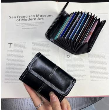 Imagem de Carteira feminina de couro genuíno com dobra dupla/tripla - Suporte minimalista para cartão de crédito com bloqueio de RFID e bolso para moedas, Preto, Casual