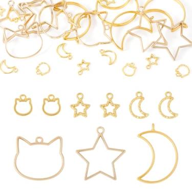 Imagem de FASHEWELRY 30 pingentes de moldura aberta nas costas, gato, lua, estrela, pingente de moldura oca, pingentes de liga dourada para bricolage, resina epóxi, colar de flores prensadas, brinco, pingente