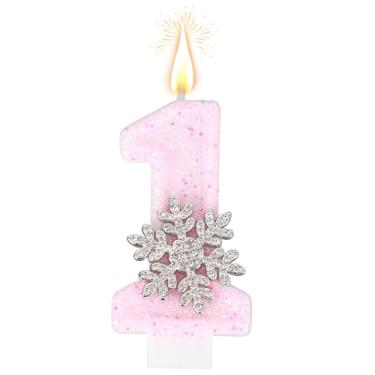 Imagem de Goktvai Floco Neve Rosa Número 1 Vela de Aniversário para Meninas, Vela Winter Onederland Topo 1º Aniversário para Festas Celebrações Festa & Decoração Bolo (Estilo 2)