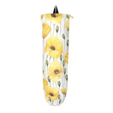Imagem de Porta-sacos plásticos florais amarelos com papoulas brancas, suporte de sacola de compras para sacolas plásticas, organizador de sacolas para armazenamento de sacolas plásticas de cozinha, 1 pacote