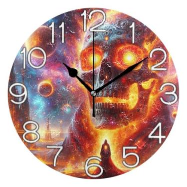 Imagem de GAIGEO Relógio de parede decorativo analógico relógio de cozinha bonito operado por bateria silencioso, retrô moderno art déco decoração de parede anime de caveira chama, 25 cm, ponteiros dourados