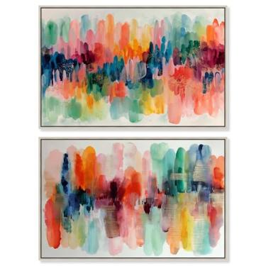 Imagem de Conjunto de 2 arte de parede de banheiro com estampa de energia costeira azul-petróleo e coral por Art Remedy, moldura prata, 38 x 25 cm