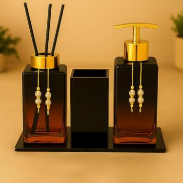 Imagem de Kit Lavabo Luxo Sabonete Líquido C/Porta Escovas e Aromatizante De Ambiente C/Bandeja(Preto Rose C/Dourado)