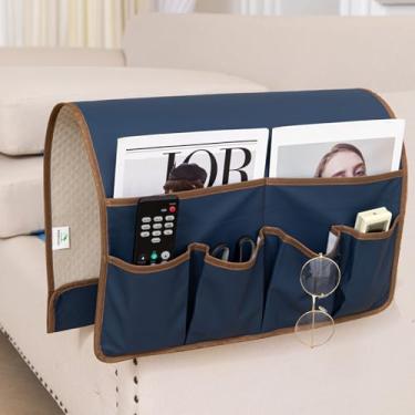 Imagem de HAOMAIJIA Organizador de apoio de braço antiderrapante para sofá, cadeira de cabeceira, organizador de armazenamento para sofá reclinável com 6 bolsos para controle remoto de TV de celular (azul