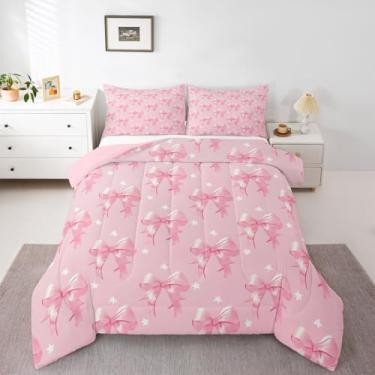 Imagem de jejeloiu Conjunto de cama macio para meninos e meninas, lindo conjunto de edredom com laço, tamanho casal, rosa, microfibra, estilo princesa, decoração de quarto, kawaii, 3 peças com 2 fronhas