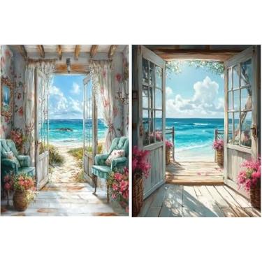Imagem de LWZAYS 2 kits de pintura de diamante de cenário DIY para adultos, kits de arte de diamante com tema de praia de paisagem 5D para iniciantes, arte de mosaico de broca completa para adultos, decoração