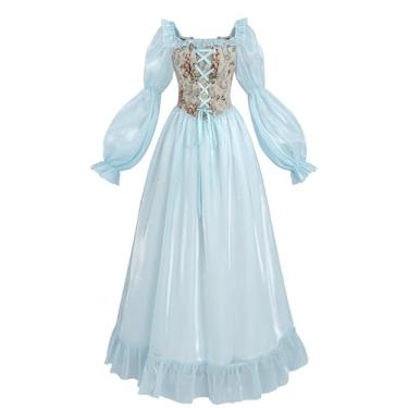 Imagem de NSPSTT Vestido renascentista branco feminino vestido de fada fantasia medieval vitoriana, azul fada, 3GG