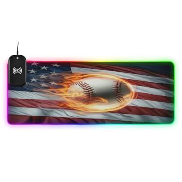 Imagem de CEBUGI Mouse pad de beisebol com carregamento sem fio de 15 W rápido para jogos com iluminação LED RGB 14 para jogos, PC, laptop, mesa 80 x 30 cm