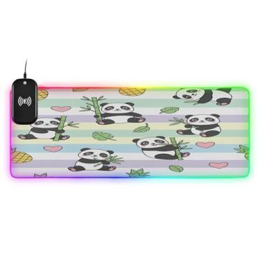 Imagem de CEBUGI Mouse pad de carregamento sem fio Panda fofo de 15 W rápido para jogos com iluminação LED 14 RGB para jogos, PC, laptop, mesa 90,9 x 39,9 cm