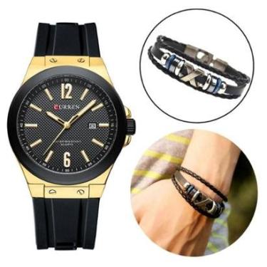 Imagem de Relógio Masculino Dourado Quartzo Luxo + Bracelete Metal Kit-Masculino