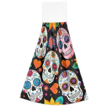 Imagem de Joitme Toalhas de mão coloridas de caveira de açúcar floral preta primavera com laços para pendurar toalhas de forno macias absorventes conjunto de 2, toalha de cozinha fofa decorativa 18,2 x 14