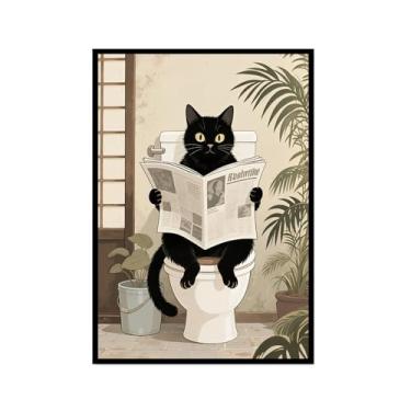 Imagem de Arte de parede em tela de gato preto engraçado na banheira gato fofo lavar suas patas lendo pôster de jornal banheiro impressões animais decoração de parede (SKU2,16x24" = (40x60 cm), moldura preta
