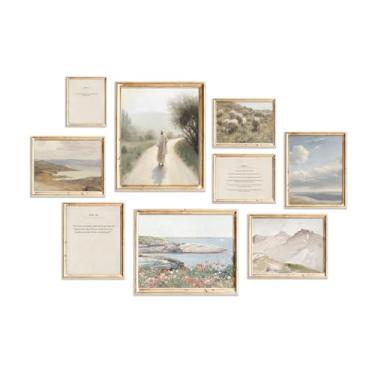 Imagem de TWNSLLA Conjunto de 9 arte de parede cristã, decoração de parede com versículos bíblicos clássicos, paisagem rústica do mar e da montanha, arte de parede de Jesus, pôsteres estéticos de decoração de