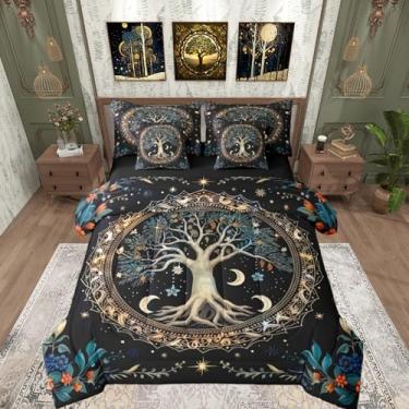 Imagem de Castle Fairy Jogo de cama casal árvore da vida, 7 peças, boêmio, sol, lua, galáxia, folhas e flores, preto Kahki azul-petróleo em uma bolsa com edredom, lençóis, fronhas