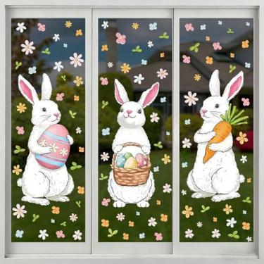 Imagem de 6 folhas extragrandes de coelhinho da páscoa adesivos de janela de ovo de páscoa primavera decoração de janela de flores eletrostáticas desenhos de cenouras de coelho para decoração de vidro de festa