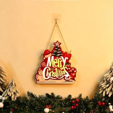 Imagem de Enfeite de parede de Natal iluminado em madeira para decoração de porta da frente, varanda e casa (pilhas não incluídas)