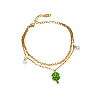 Imagem de Pulseira feminina com pingente de pérola de trevo de quatro folhas irlandesa delicada, empilhável, boa sorte, esmalte verde, corrente ajustável de aço inoxidável, corrente moderna, presente de Natal