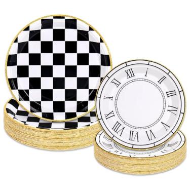 Imagem de JarThenaAMCS 50 peças de pratos de papel de festa do país das maravilhas relógio quadriculado We're All Mad Here Pratos de jantar descartáveis de chá 22 cm e 18 cm para artigos de mesa de festa de