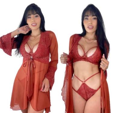 Imagem de Robe Tule Renda Sensual + Conjunto Lingerie Renda Sexy Hobby - Mi Amor