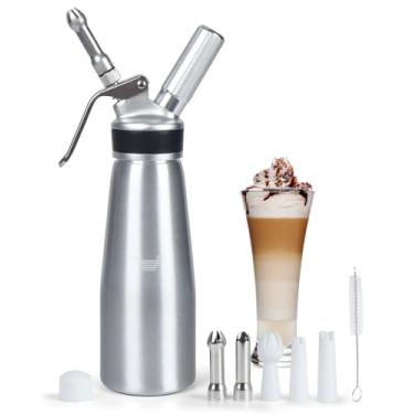 Imagem de XTKS Dispensador de chantilly de 500 ml/1 litro, recipiente de chantilly de alumínio com 6 bicos decorativos, máquina de chantilly à prova de vazamento para sobremesas, molhos e bebidas (carregador
