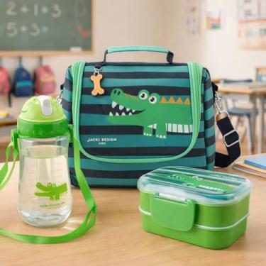 Imagem de Kit Bolsa Térmica Infantil e Marmita Lancheira com Garrafinha Para Merenda, Escola, Piquenique Passeio e Diversão Alegria das Crianças (Verde Jacare)