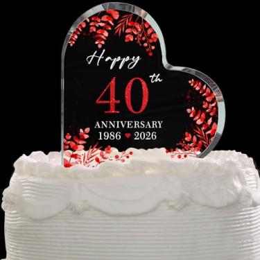 Imagem de Topo de bolo 40º aniversário de casamento, bloco de acrílico coração de eucalipto vermelho, decoração de bolo elegante "40 anos" e presente de lembrança para casais (10 cm)